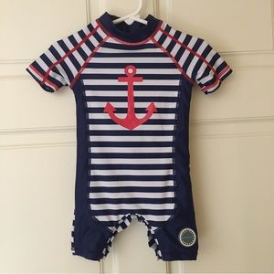 NEW (3-6M) Bonverano Swimsuit UPF 50 Infant Blue Striped Rash-guard Zip Up